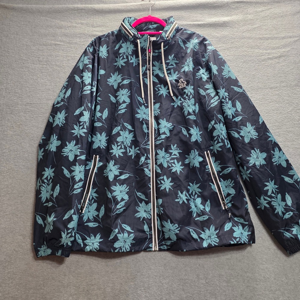 Original Penguin Mens Floral Windbreaker Jacket Navy Teal XL‎